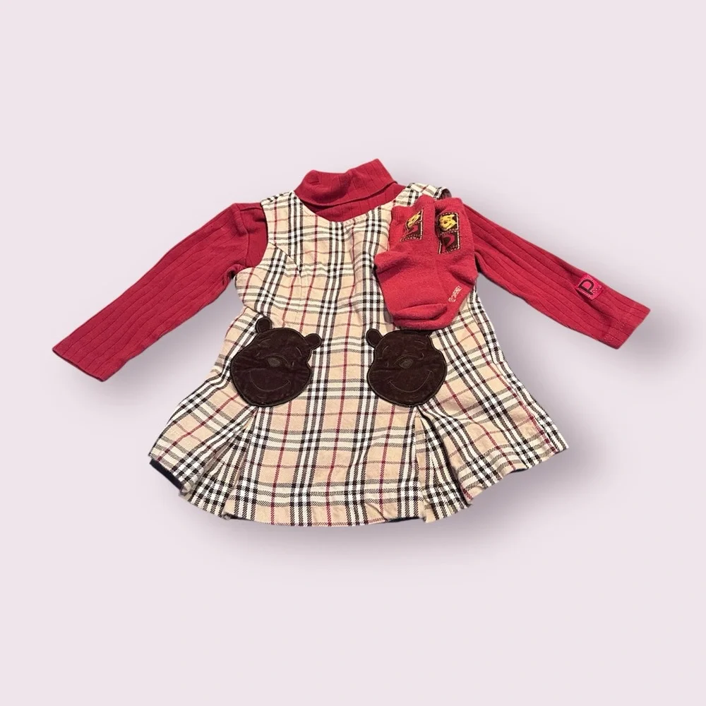 Toddler Vintage Disney Store Winnie The Pooh Plaid Dress with Socks 18-24 Months